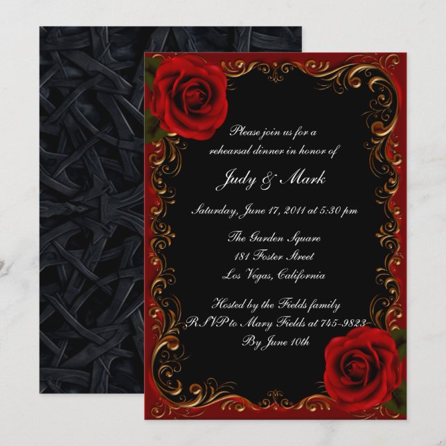 Elegante Goth Rote Rosen Probe Abendessen Einladung (Vorne/Hinten)