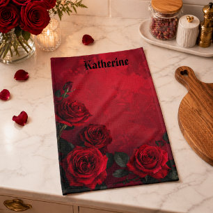 Elegante Gothic Red Roses Benutzerdefinierter Name Geschirrtuch