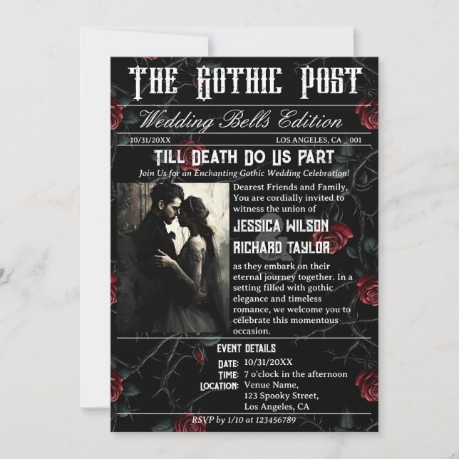 Elegante Gothic Rose Newspaper Foto Black Wedding Einladung (Vorderseite)