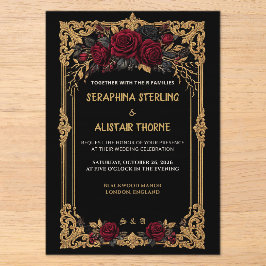 Elegante gothische schwarze Rosen-Gold-Hochzeitsei Acryleinladungen