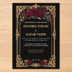 Elegante gothische schwarze Rosen-Gold-Hochzeitsei Acryleinladungen