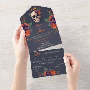 Elegante gotische 3D-Blumen-Schädel-Hochzeit All In One Einladung