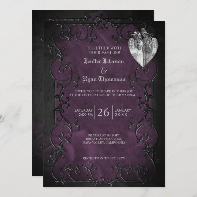 Elegante gotische Halloween lila Hochzeit Einladun Einladung (Vorne/Hinten)
