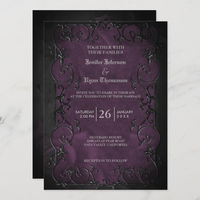 Elegante gotische Halloween lila Hochzeit Einladun Einladung (Vorne/Hinten)