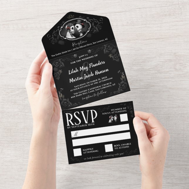 Elegante Gotische Hochzeitskelette Schwarz & Weiß All In One Einladung (Abreißen)