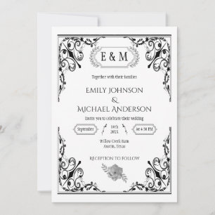 Elegante gotische Monogramm-Hochzeit in Schwarz-We Einladung