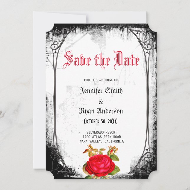 Elegante gotische rote Rosen Save the Date Einladung (Vorderseite)