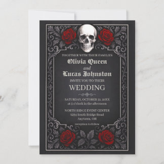 Elegante gotische Schädel- und Rosenhochzeitseinla Einladung