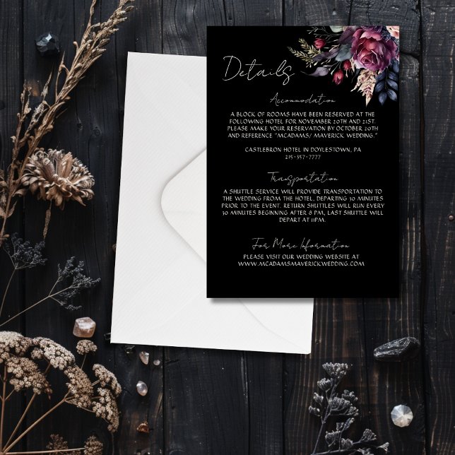 Elegante gotische Schwarze Flora Hochzeitdetails Begleitkarte (Von Creator hochgeladen)