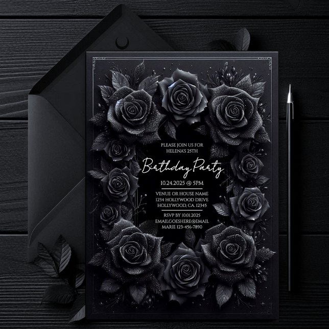 Elegante gotische Schwarze Rose Einladung Geburtst (all black affair dark gothic vampy vampire halloween iorthday party invitation, moody witchy invite.)