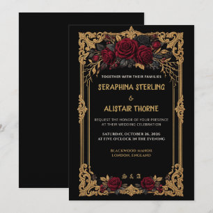 Elegante gotische schwarze Rosen-Gold-Hochzeitsein Einladung