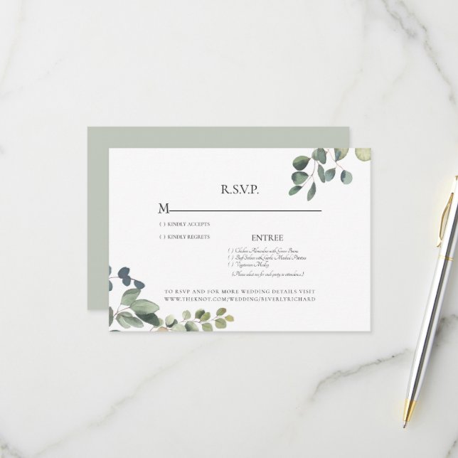 Elegante Grace Eucalyptus Sage Wedding RSVP Card (Vorderseite/Rückseite Beispiel)