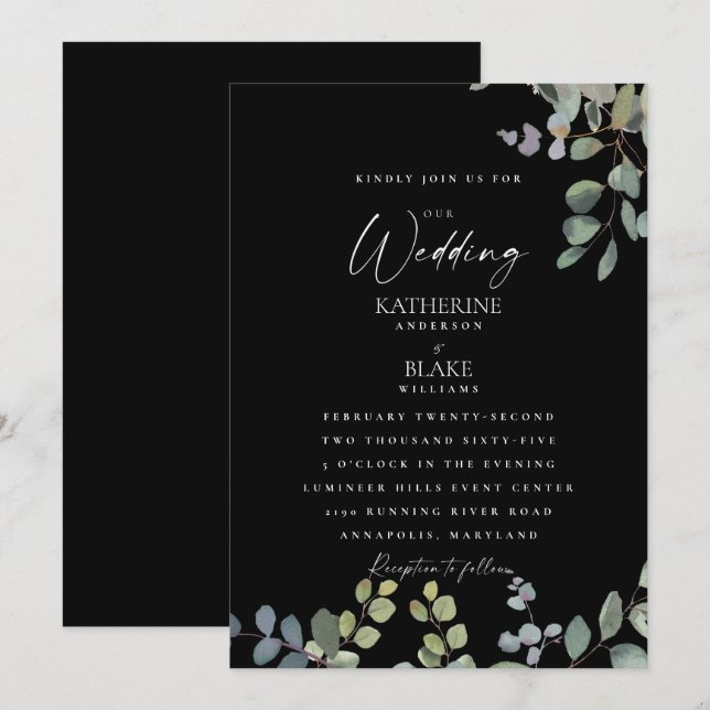 Elegante Grace Wedding All Black Eucalyptus Einladung (Vorne/Hinten)