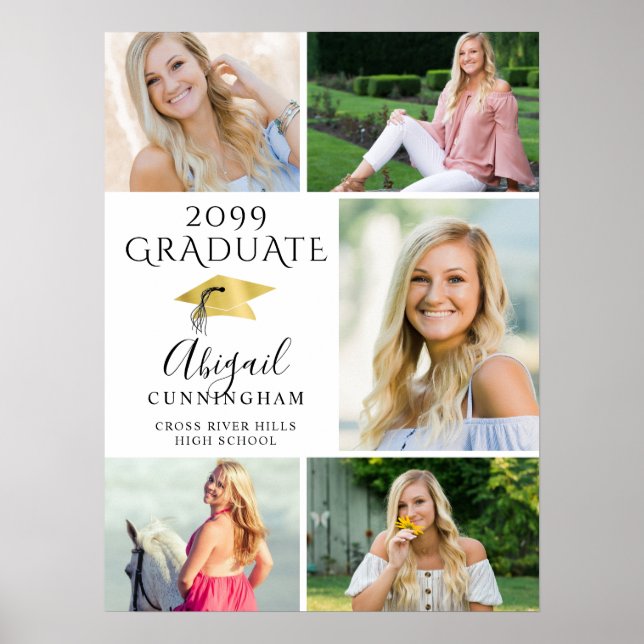 Elegante Graduate 5 Foto Collage Imitats Gold Cap Poster (Vorne)