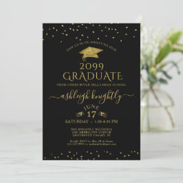 Elegante Graduate Gold Glitzer Confetti Cap Black Einladung