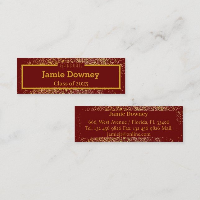 Elegante Graduate Gold & Red Wine Name Card Mini Visitenkarte (Vorne/Hinten)