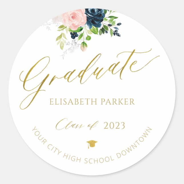 Elegante Graduate Gold Script Foto Abschluss Chic Runder Aufkleber (Vorderseite)