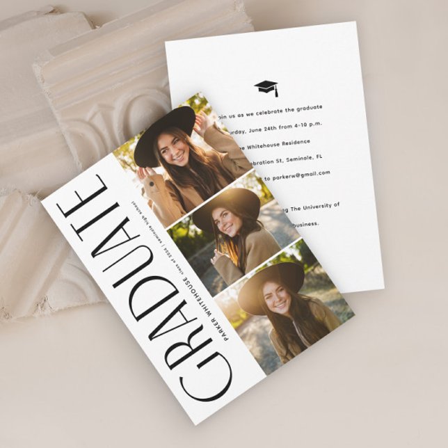 Elegante Graduate Typografy 3 Foto Abschluss Einladung (Elegant Typography Graduate Black and White 3 Photo Graduation Invitation.)