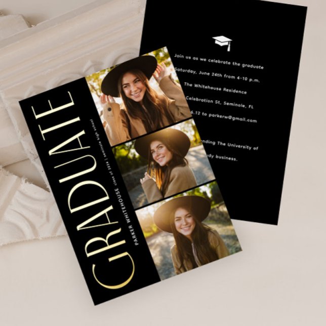 Elegante Graduate Typografy 3 Foto Abschluss Folieneinladung (Elegant Typography 3 Photo Graduation Foil Invitation.)