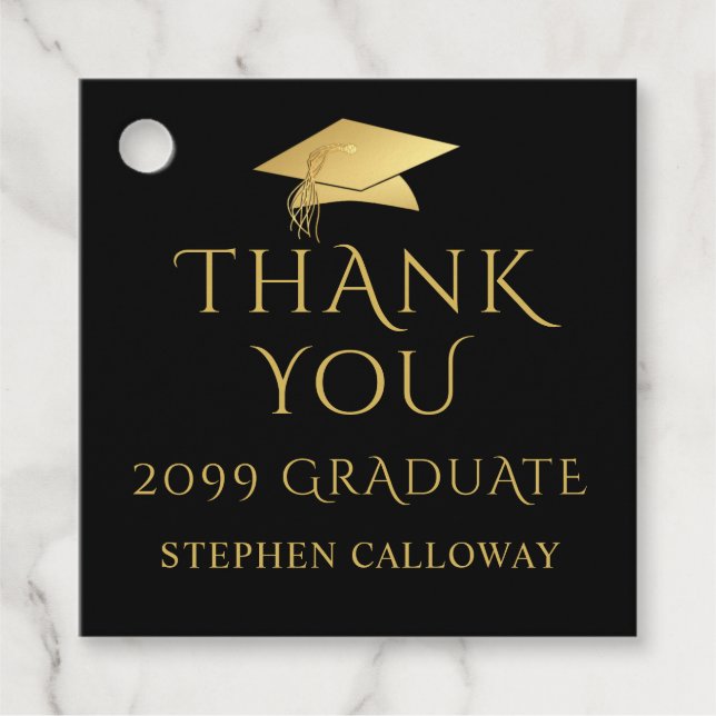 Elegante Graduate Vielen Dank Black Gold Cap Geschenkanhänger (Vorderseite)