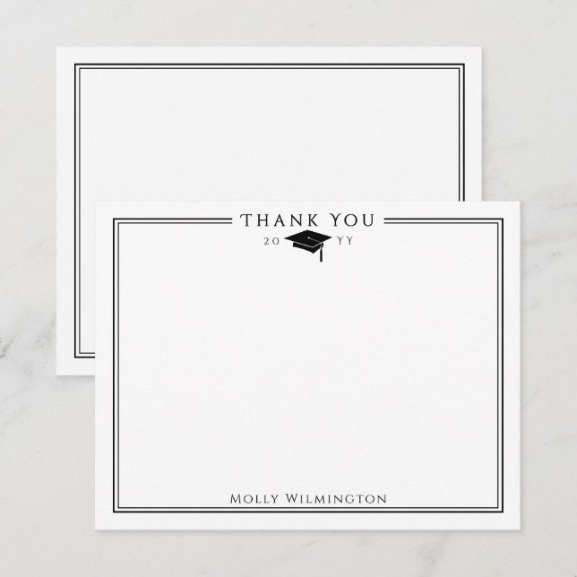 Elegante Graduation Cap & Tassel Black & White Dankeskarte (Vorne/Hinten)