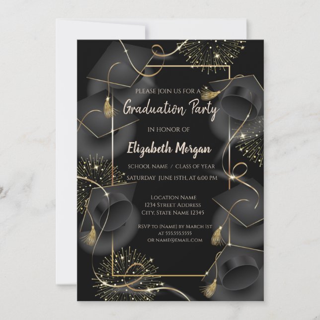 Elegante Graduation Caps Black Graduation Party Einladung (Vorderseite)