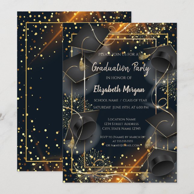 Elegante Graduation Caps Dots Graduation Party Einladung (Vorne/Hinten)