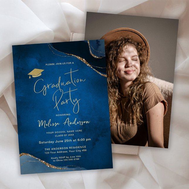 Elegante Graduation Party Navy Blue Foto Einladung (Von Creator hochgeladen)