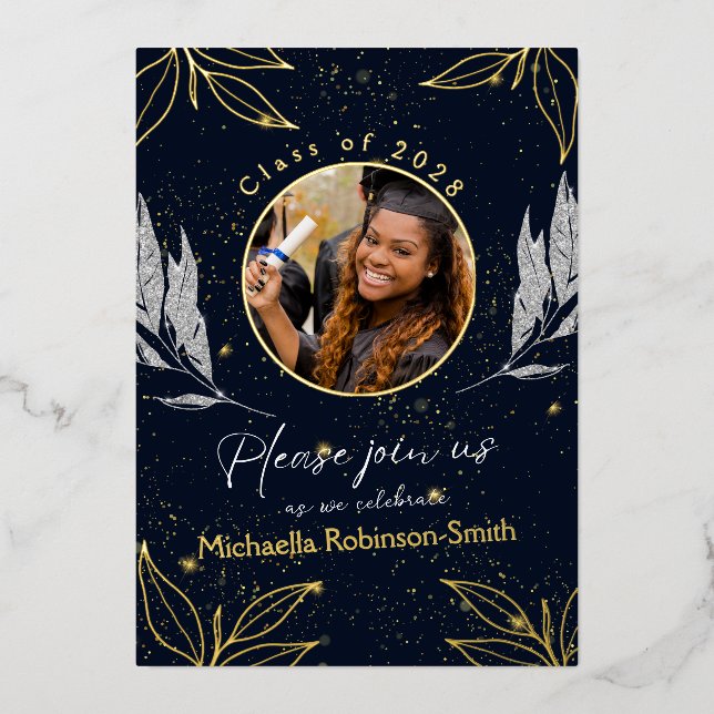 Elegante Graduation Party Navy Gold Foil Einladung (Vorderseite)