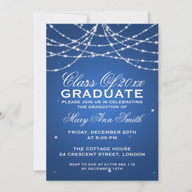 Elegante Graduation Party Sparkling String Blue Einladung (Vorderseite)