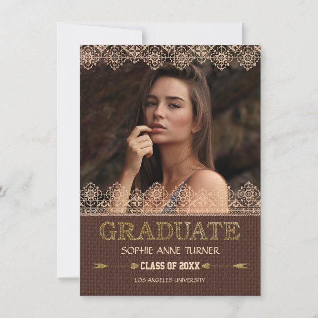 Elegante Graduierteneinladungen | Lace Gold Glitze Einladung (Vorderseite)