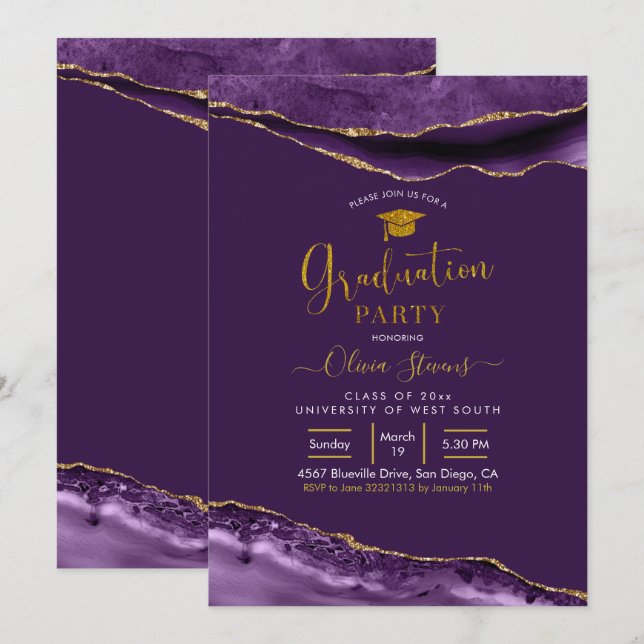 Elegante Graduierungsparty für Lila- und Goldakade Einladung (Vorne/Hinten)