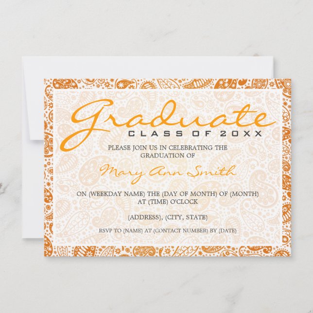 Elegante Graduierungsparty Paisley Orange Einladung (Vorderseite)