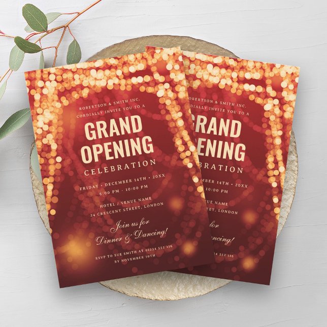 Elegante Grand Opening Business Red Gold Lights Einladung (Elegant Grand Opening Business Red Gold Lights Invitation)