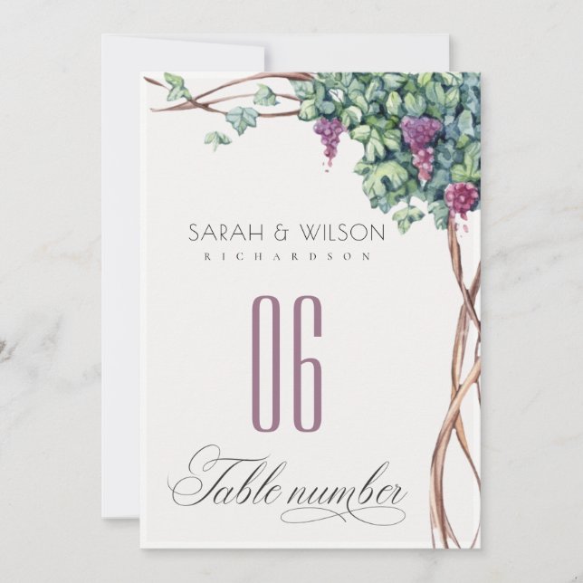 Elegante Grapevine Foliage Wedding Tischnummer (Vorderseite)