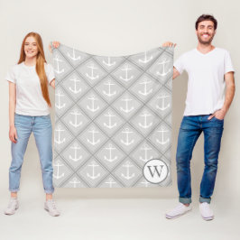 Elegante, grau-weiße Anker | Monogramm Fleecedecke