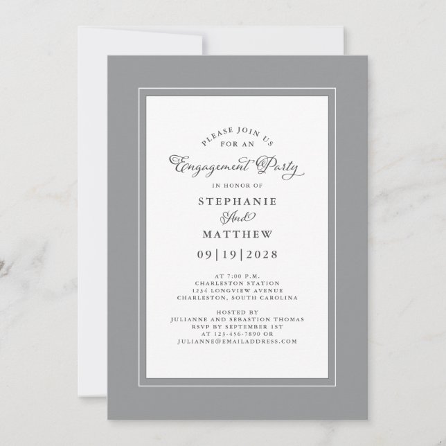 Elegante, grau-weiße Hochzeitstag-Engagement-Party Einladung (Vorderseite)