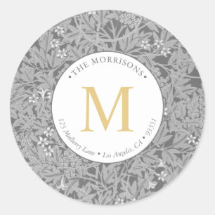 Elegante graue Blumen- Gold-Monogramm-Rücksendeadr Runder Aufkleber