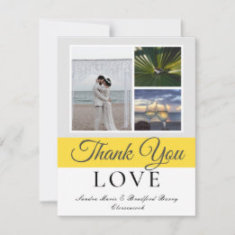 Elegante graue gelbe Skript-Hochzeitskollage Foto  Dankeskarte