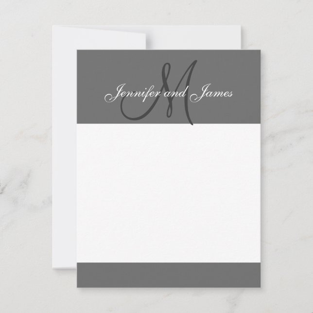 Elegante graue Monogram-Namen Newly Wed-Mitteilung Mitteilungskarte (Vorderseite)