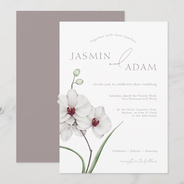 Elegante Graue Orchideen Einmalgeburten Hochzeit Einladung (Vorne/Hinten)
