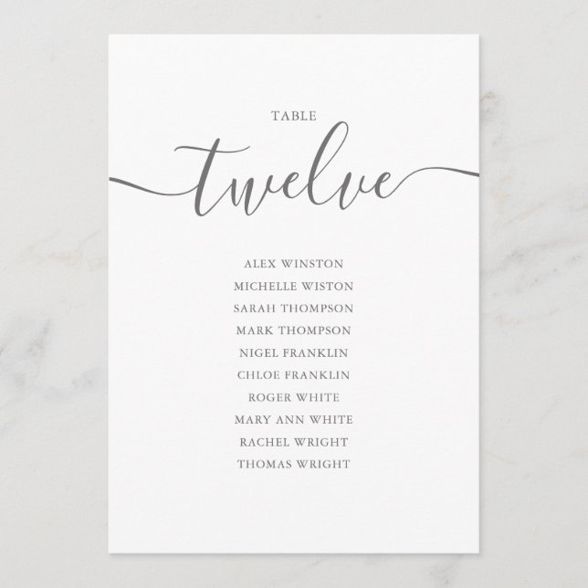Elegante graue Schrift Tisch Nummer 12 Sitzordnung Einladung (Vorderseite)
