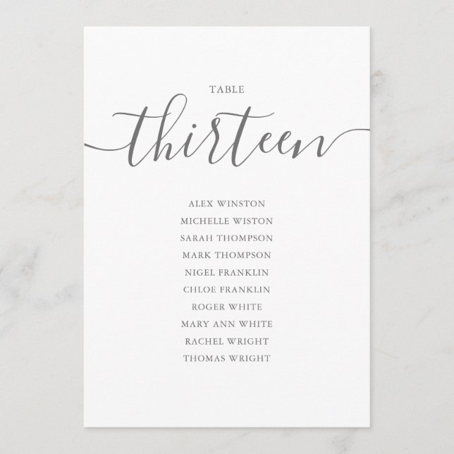 Elegante graue Schrift Tisch Nummer 13 Sitzordnung Einladung (Vorderseite)