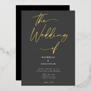 Elegante, graue schwarze Gold-Kalligrafie-Script-H Folieneinladung