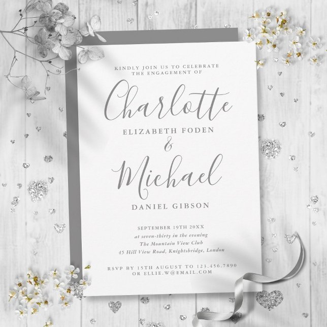 Elegante Graue Signature-Script-Engagement-Partei Einladung (Elegant Gray Signature Script Engagement Party Invitation)