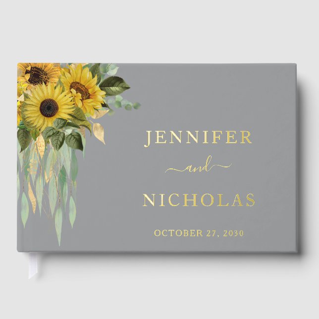 Elegante graue Sonnenblume Hochzeitspazierweg Gästebuch (Vorderseite)