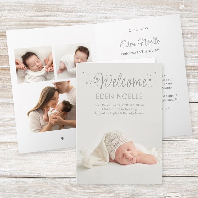Elegante graue Sterne Geburtsankündigung Faltkarte Einladung (Modern, elegant gray calligraphy "Welcome" with stars birth announcement folded photo collage card.)