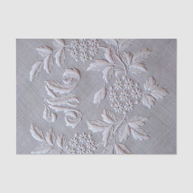 Elegante graue Stickerei-Blumenmonogrammbuchstabe Seidenpapier (Vorderseite)