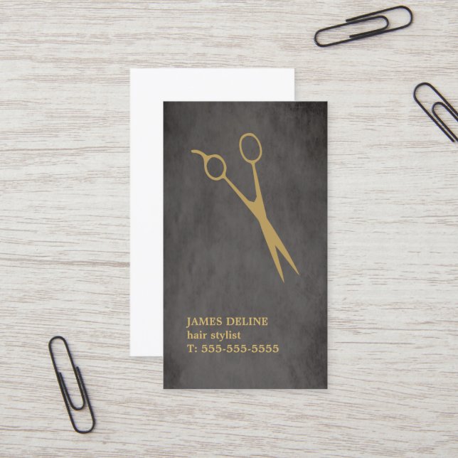 Elegante Graue Textur Gold Schissor Haar Stylist Visitenkarte (Vorderseite/Rückseite Beispiel)