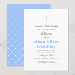 Elegante graue u. hellblaue Quertaufe Einladung
